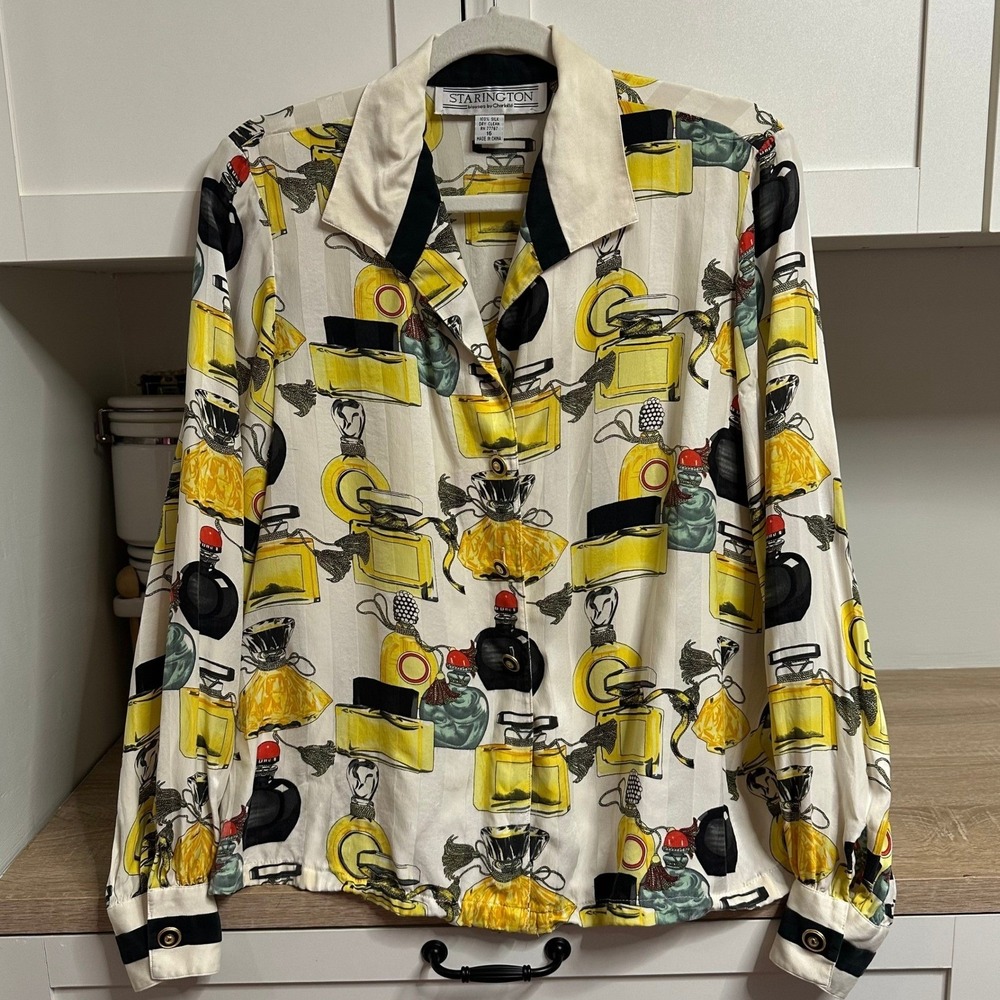 Vintage Starington Ornate Perfume Bottle Print Blouse Womens 16 100% Silk Button
